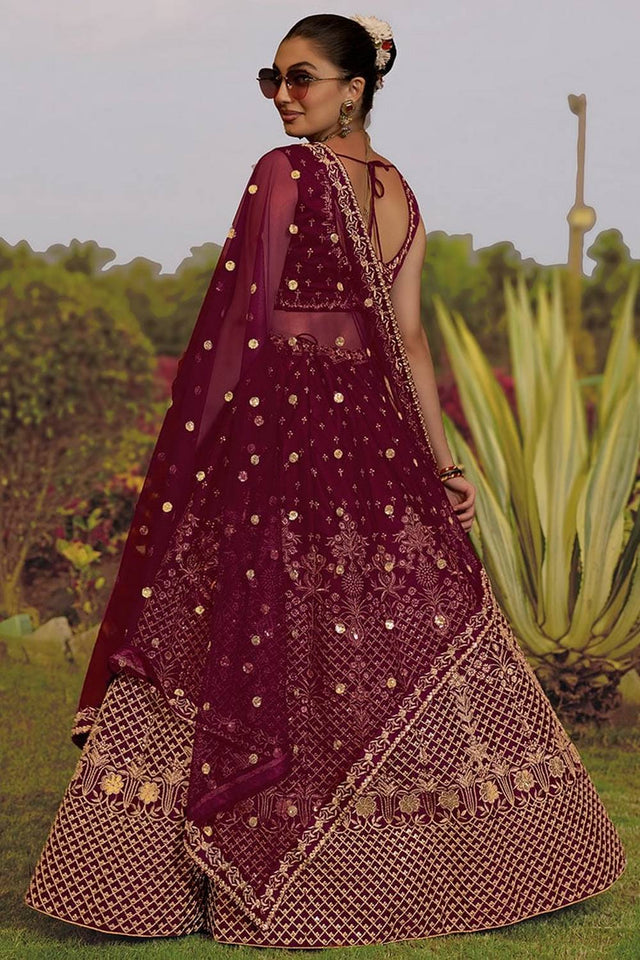 Maroon Floral Embroidered Art Silk Lehenga (VD-marun)