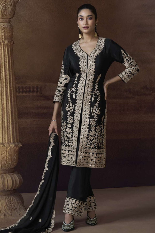 Black Embroidered Art Silk Salwar Suit (VEGA ALEMZEB- 5779)