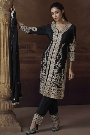 Black Embroidered Art Silk Salwar Suit (VEGA ALEMZEB- 5779)