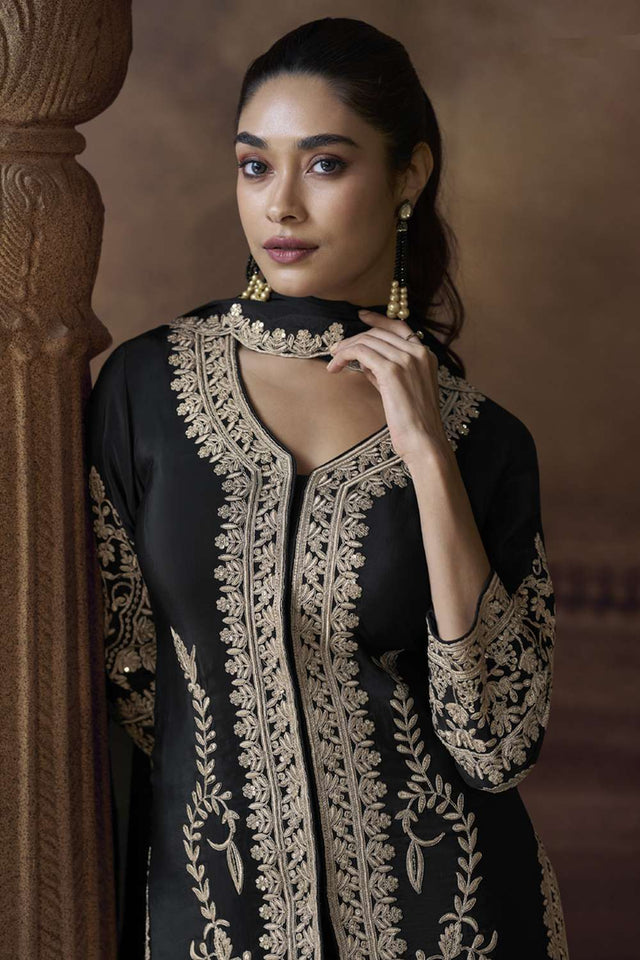 Black Embroidered Art Silk Salwar Suit (VEGA ALEMZEB- 5779)