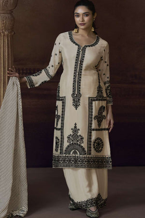 Off White Embroidered Art Silk Salwar Suit (VEGA ALEMZEB- 5780)