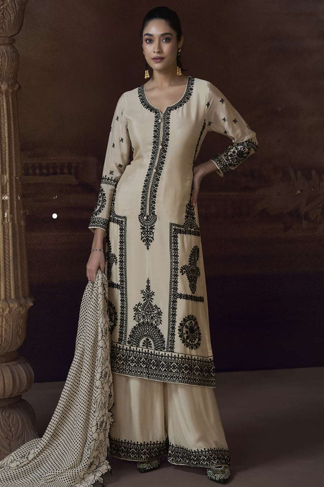 Off White Embroidered Art Silk Salwar Suit (VEGA ALEMZEB- 5780)