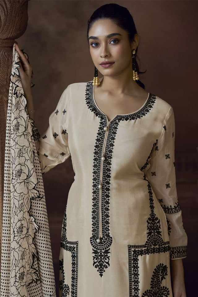 Off White Embroidered Art Silk Salwar Suit (VEGA ALEMZEB- 5780)