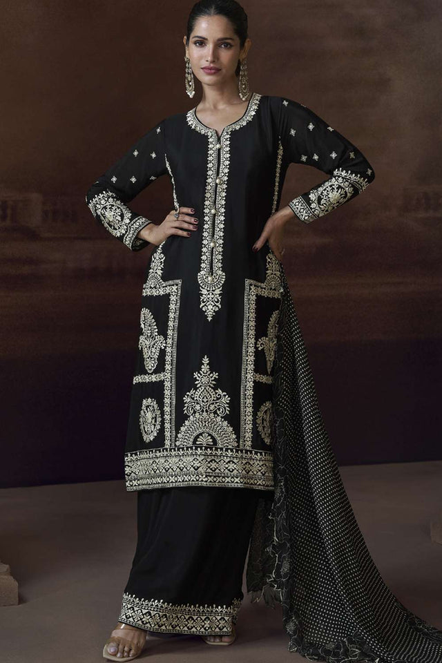 Black Embroidered Art Silk Salwar Suit (VEGA ALEMZEB- 5781)