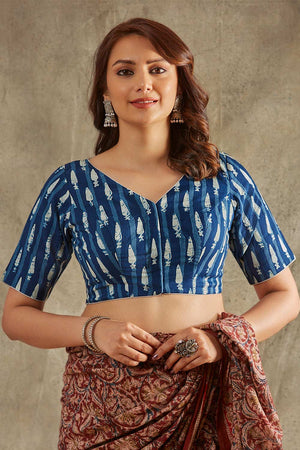 Blue Cotton Printed Short Sleeves Blouse