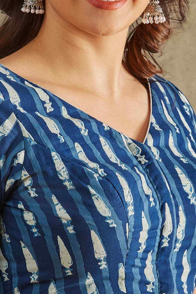 Blue Cotton Printed Short Sleeves Blouse