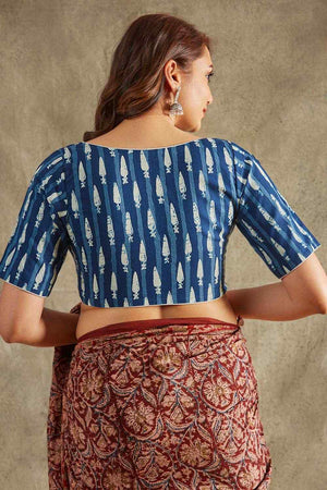 Blue Cotton Printed Short Sleeves Blouse