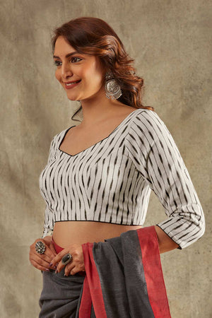 White Khadi Cotton Printed Short Sleeves Blouse