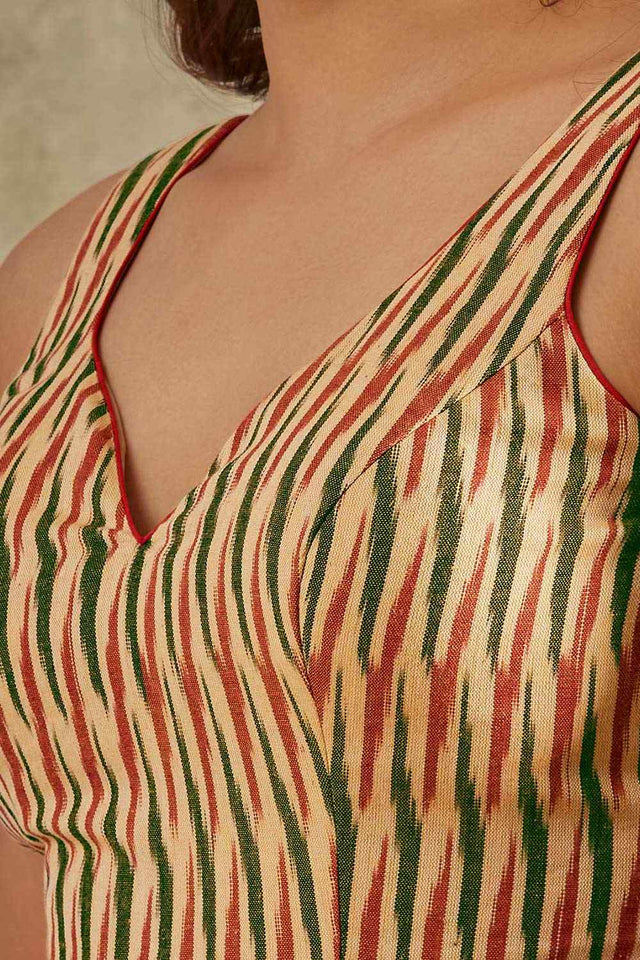 Beige Pure Cotton Printed Sleeveless Blouse