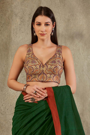Beige Cotton Printed Sleeveless Blouse