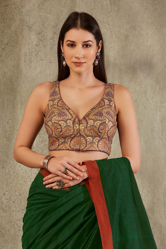 Beige Cotton Printed Sleeveless Blouse