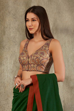 Beige Cotton Printed Sleeveless Blouse