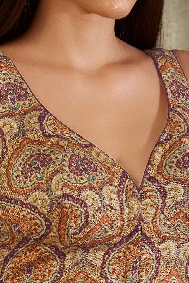 Beige Cotton Printed Sleeveless Blouse