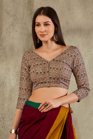 Beige Cotton Printed Three Quarter Sleeves Blouse