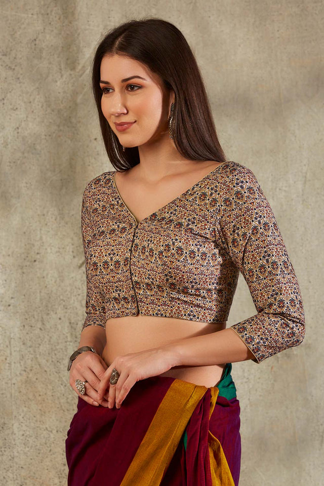 Beige Cotton Printed Three Quarter Sleeves Blouse