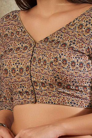 Beige Cotton Printed Three Quarter Sleeves Blouse