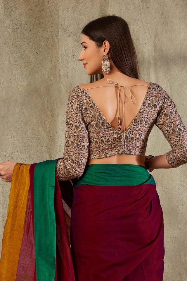 Beige Cotton Printed Three Quarter Sleeves Blouse