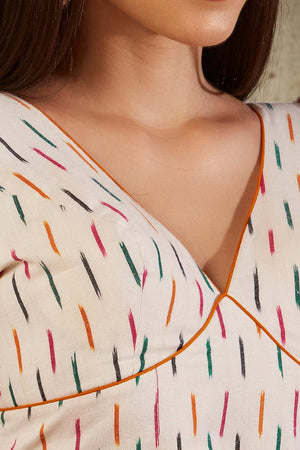 White Cotton Printed Elbow Length Blouse