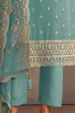 Light Blue Floral Embroidered Organza Kurti Pant Set