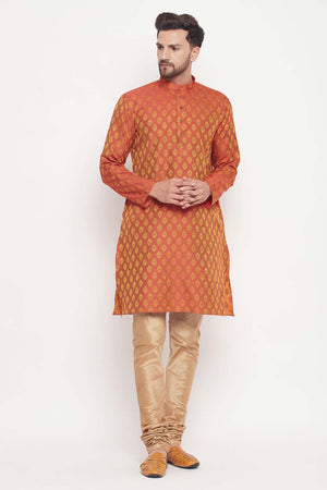 Men's Red And Rose Gold Silk Blend Ethnic Motif Woven Design Kurta Pajama Set (Size: 44)