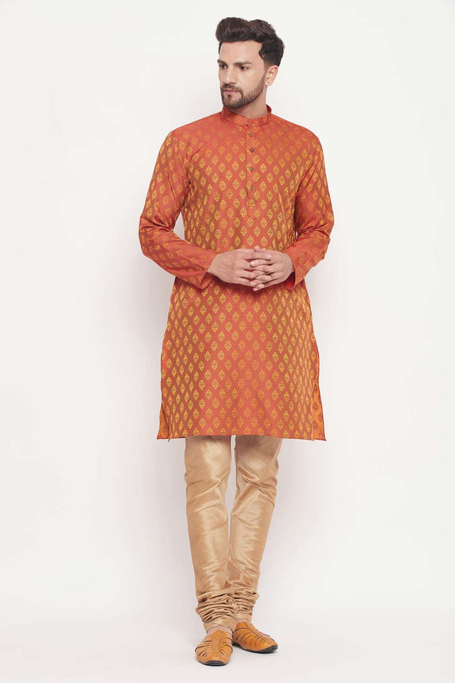 Men's Red And Rose Gold Silk Blend Ethnic Motif Woven Design Kurta Pajama Set (Size: 44)