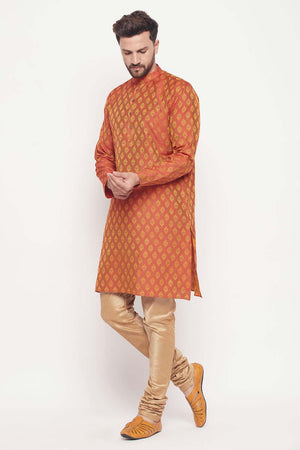 Men's Red And Rose Gold Silk Blend Ethnic Motif Woven Design Kurta Pajama Set (Size: 44)