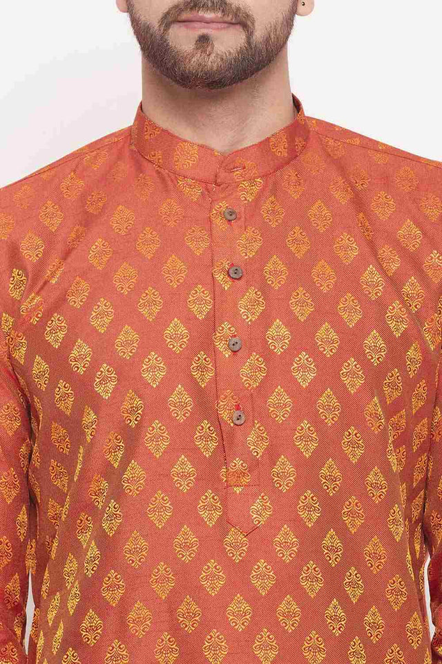 Men's Red And Rose Gold Silk Blend Ethnic Motif Woven Design Kurta Pajama Set (Size: 44)