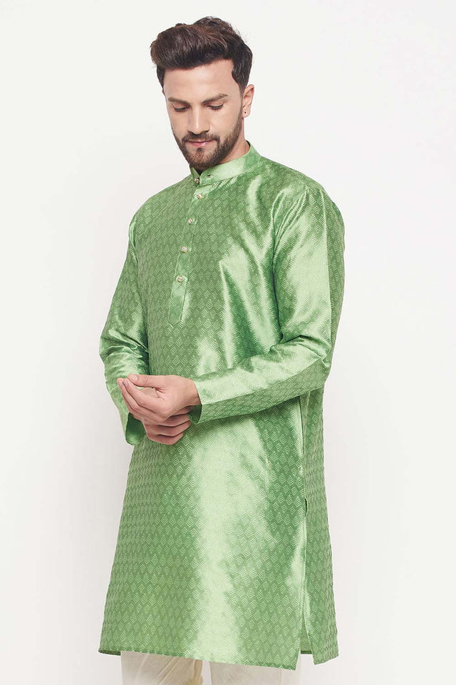 Men's Mint Green Silk Blend Ethnic Motif Woven Design Short Kurta (Size: 38)