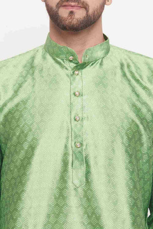 Men's Mint Green Silk Blend Ethnic Motif Woven Design Short Kurta (Size: 38)