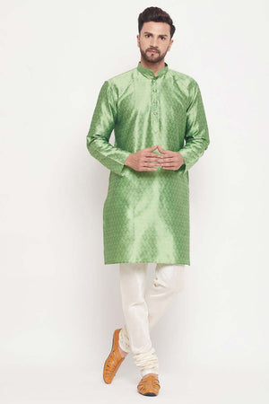 Men's Mint Green Silk Blend Ethnic Motif Woven Design Short Kurta (Size: 38)