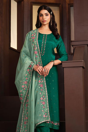 Green Floral Embroidered Silk Kurti Pant Set