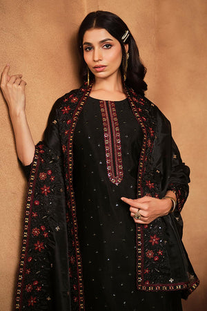 Black Floral Embroidered Silk Kurti Pant Set