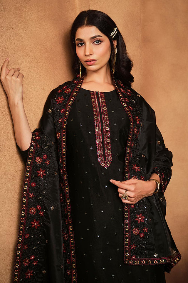 Black Floral Embroidered Silk Kurti Pant Set