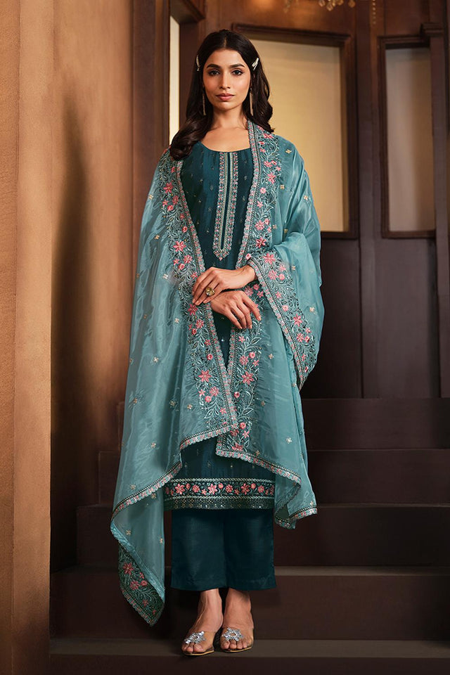 Blue Floral Embroidered Silk Kurti Pant Set