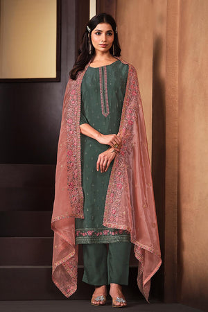 Sea Green Floral Embroidered Silk Kurti Pant Set