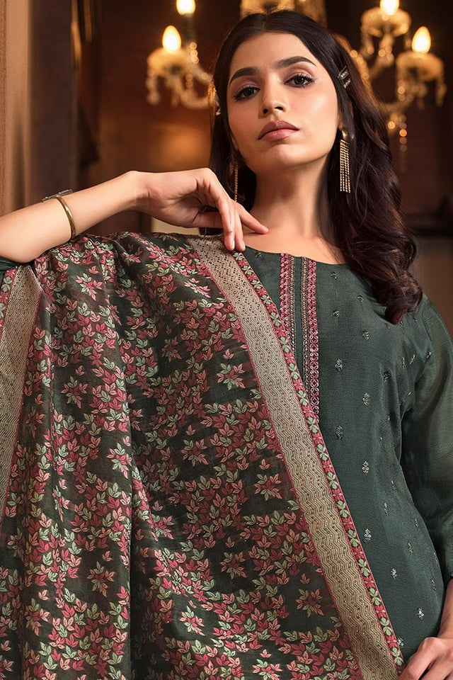 Sea Green Floral Embroidered Silk Kurti Pant Set