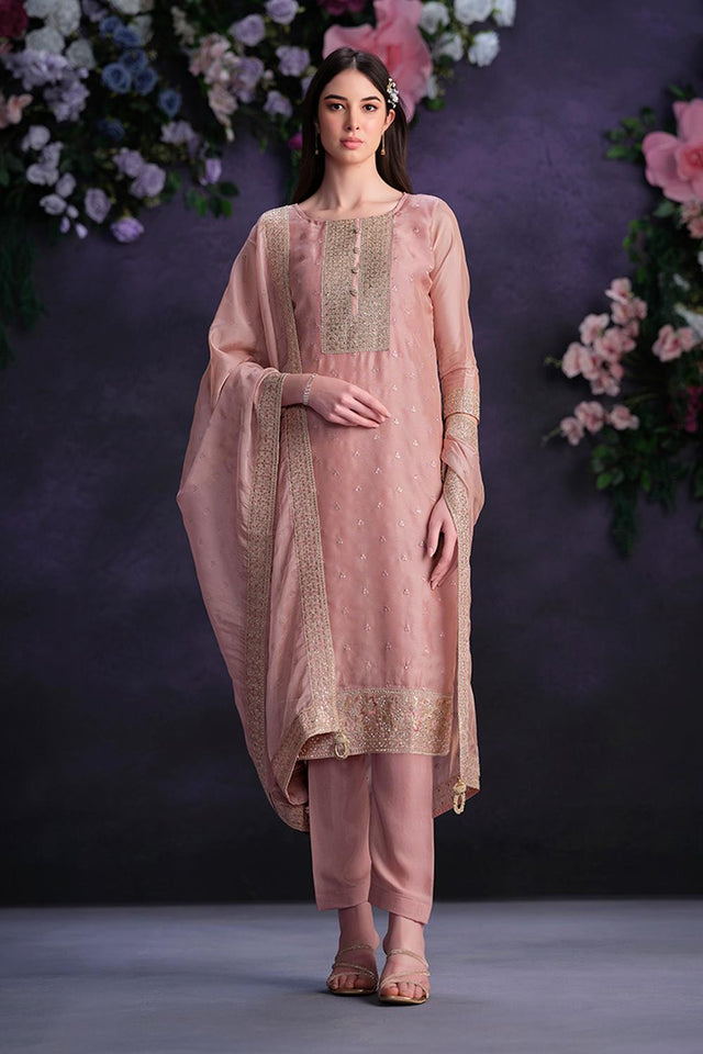 Pink Floral Embroidered Organza Kurti Pant Set