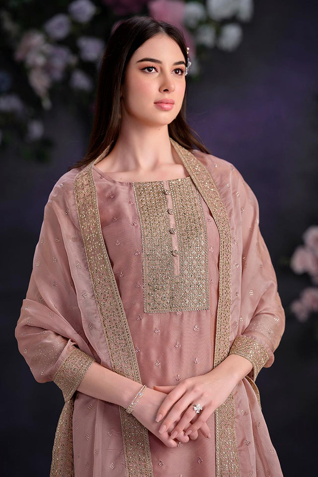 Pink Floral Embroidered Organza Kurti Pant Set