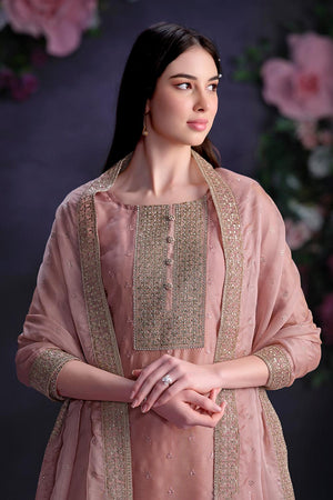 Pink Floral Embroidered Organza Kurti Pant Set