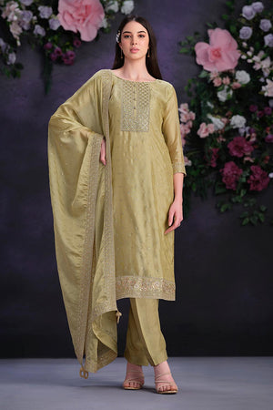 Beige Floral Embroidered Organza Kurti Pant Set