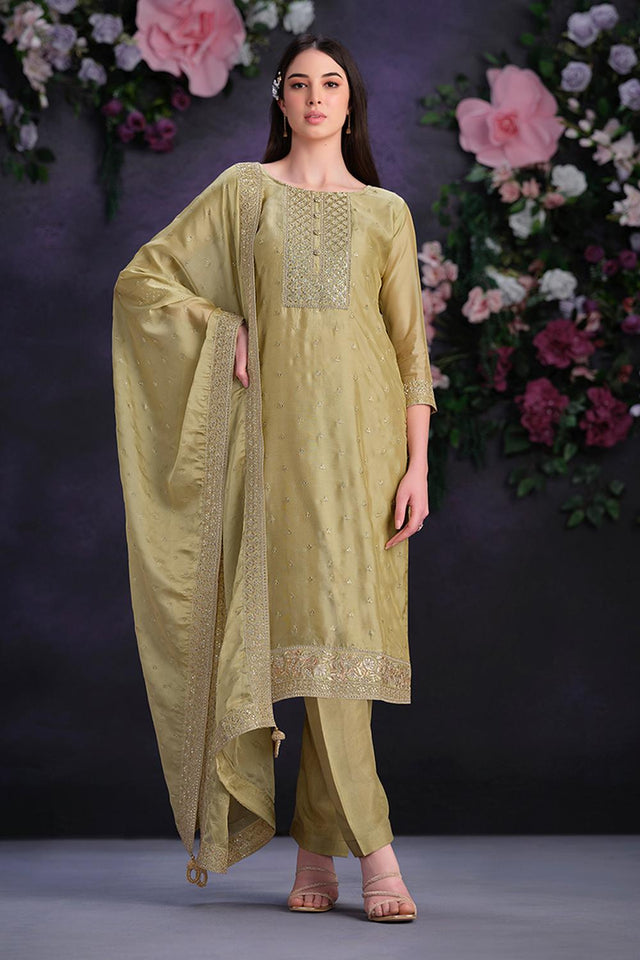 Beige Floral Embroidered Organza Kurti Pant Set