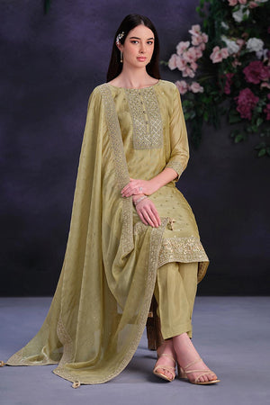 Beige Floral Embroidered Organza Kurti Pant Set