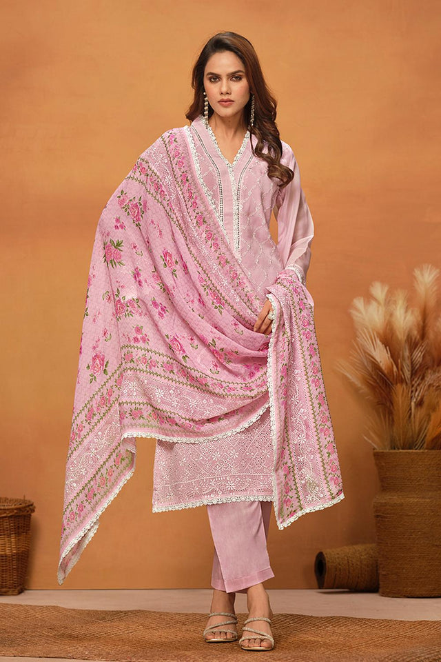 Pink Floral Embroidered Viscose Kurti Pant Set