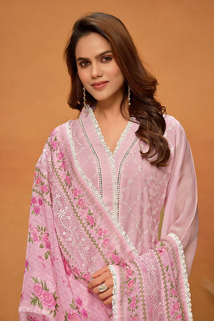 Pink Floral Embroidered Viscose Kurti Pant Set