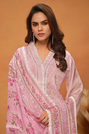 Pink Floral Embroidered Viscose Kurti Pant Set