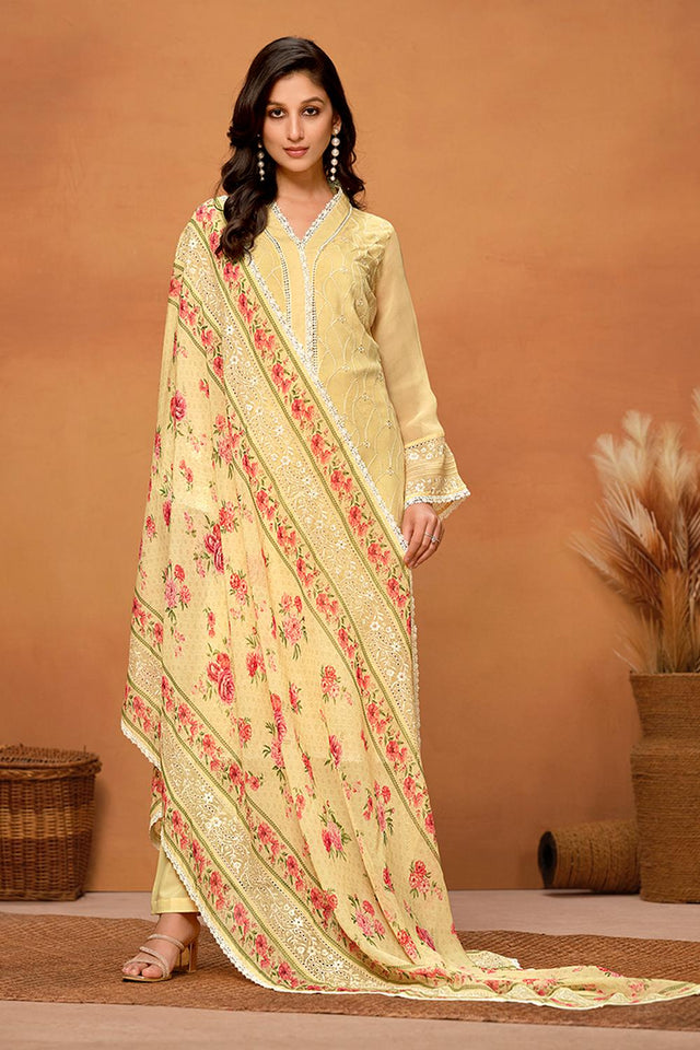 Yellow Floral Embroidered Viscose Kurti Pant Set