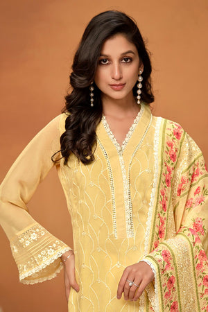 Yellow Floral Embroidered Viscose Kurti Pant Set