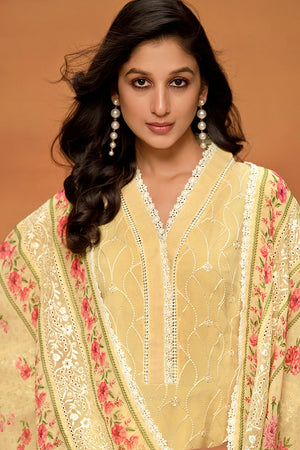 Yellow Floral Embroidered Viscose Kurti Pant Set