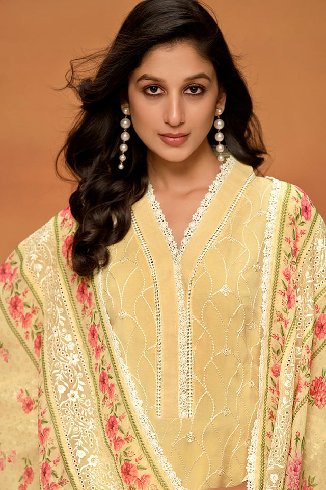 Yellow Floral Embroidered Viscose Kurti Pant Set