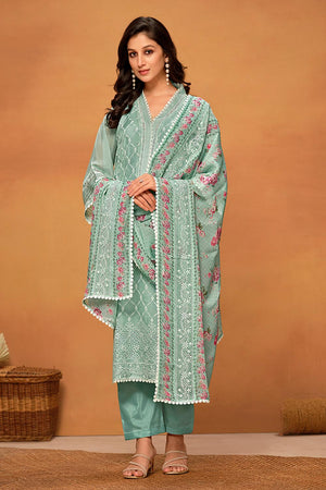 Sea Green Floral Embroidered Viscose Kurti Pant Set